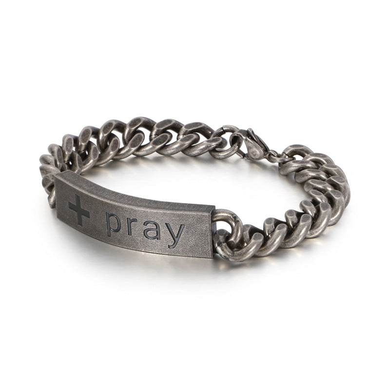 Stainless Steel Personalized Curved Cross Men's Bracelet - Retro Prayer Jewelry