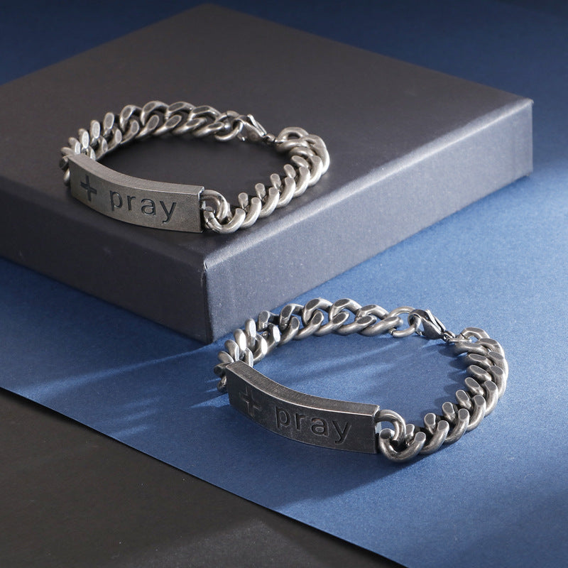 Stainless Steel Personalized Curved Cross Men's Bracelet - Retro Prayer Jewelry