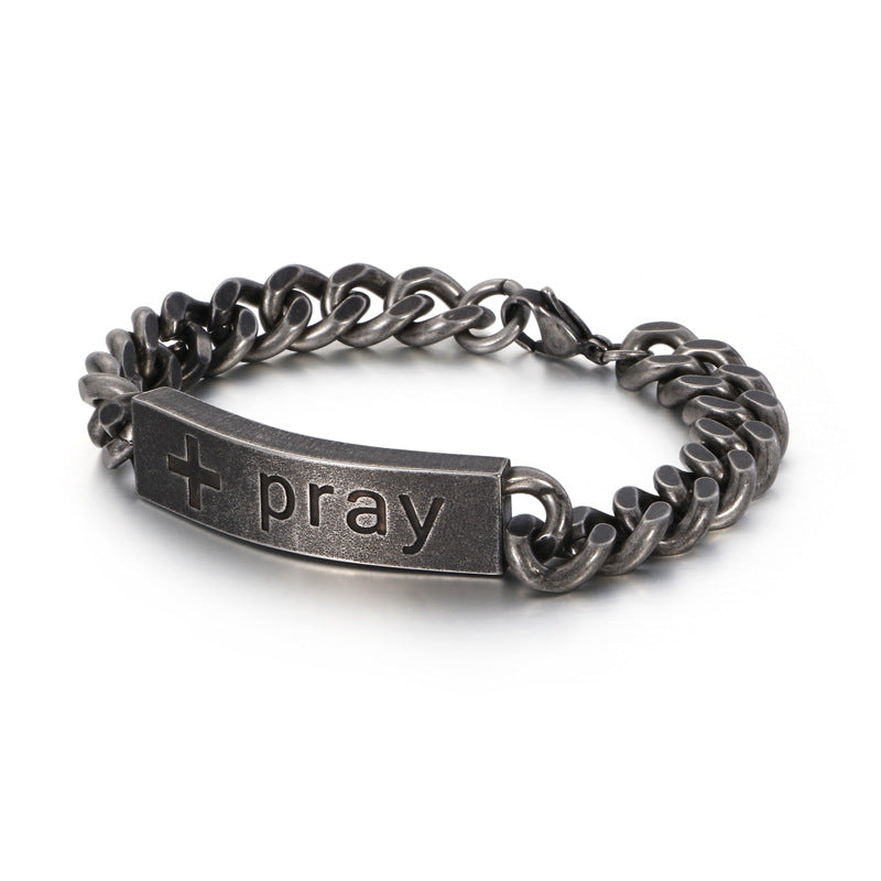 Stainless Steel Personalized Curved Cross Men's Bracelet - Retro Prayer Jewelry