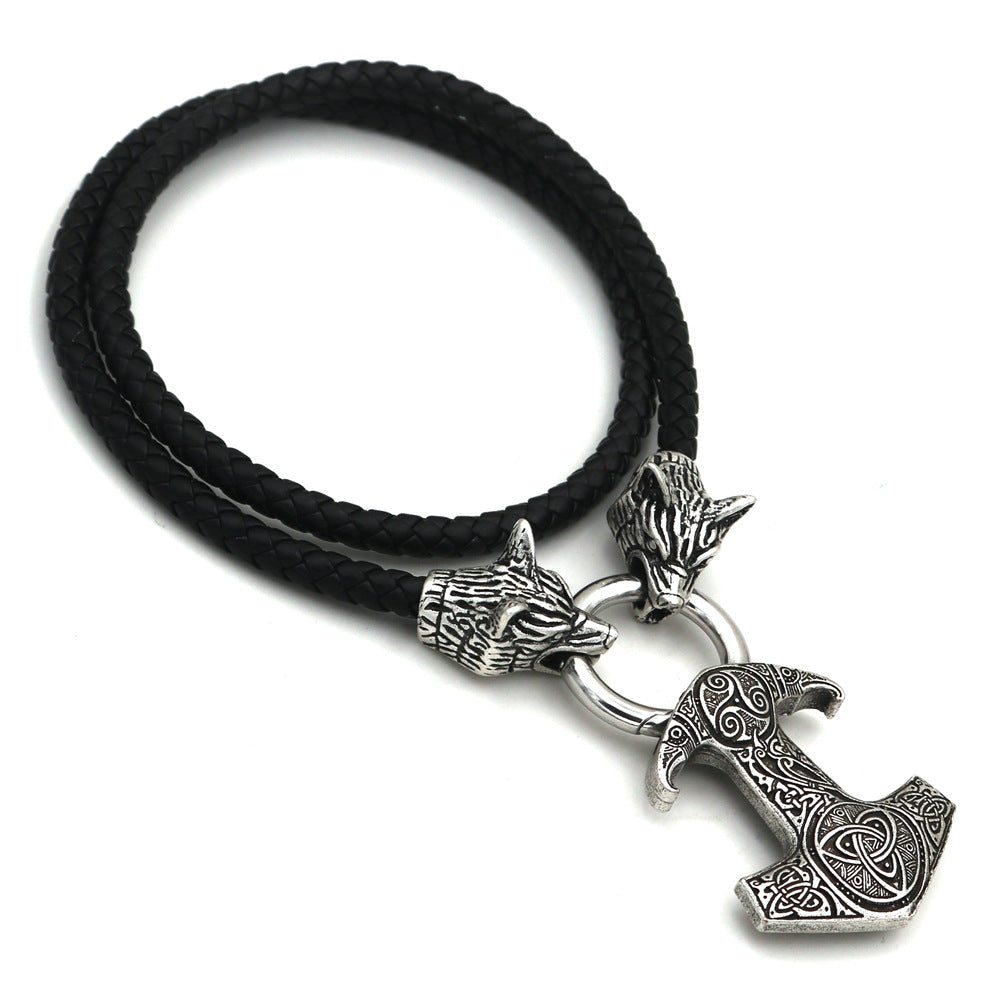 Viking Pirate Thor Hammer Wolf Head Pendant Necklace for Men