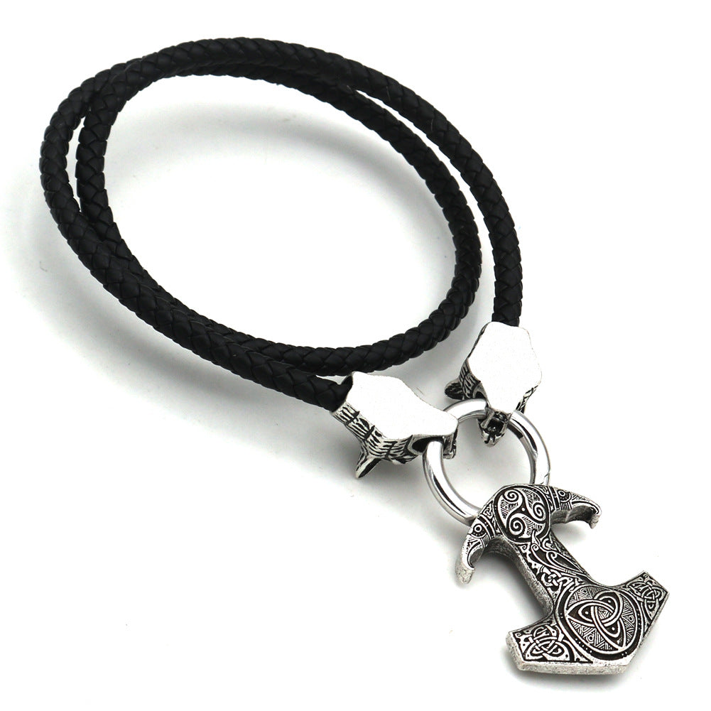 Viking Pirate Thor Hammer Wolf Head Pendant Necklace for Men
