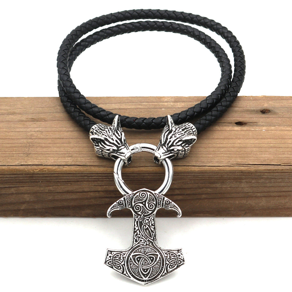 Viking Pirate Thor Hammer Wolf Head Pendant Necklace for Men