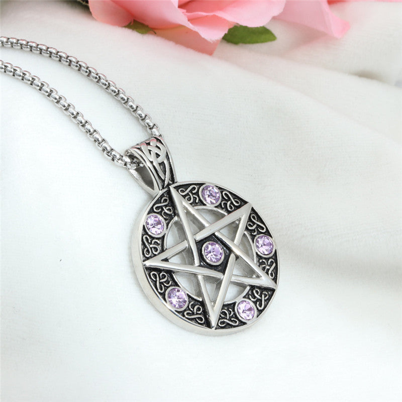 Planderful Everyday Genie Titanium Steel Pentagram Pendant with Violet Crystal Necklace