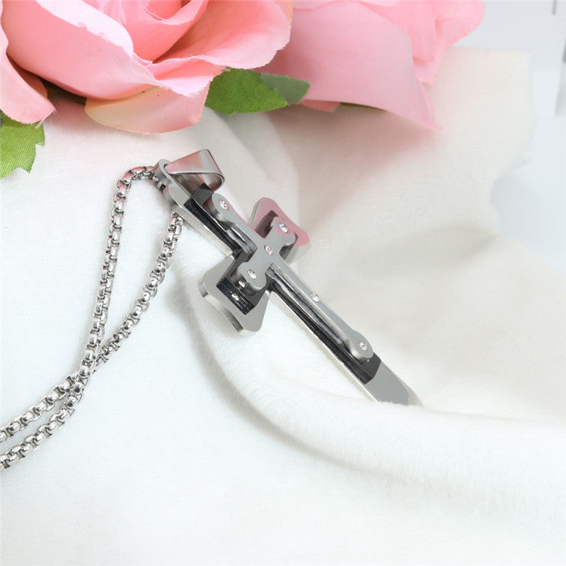 Trendy Men's Titanium Steel Cross Pendant Necklace with Zircon Accents