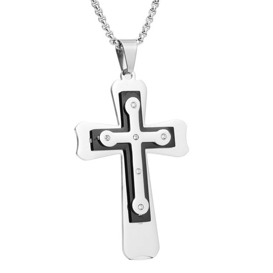 Trendy Men's Titanium Steel Cross Pendant Necklace with Zircon Accents