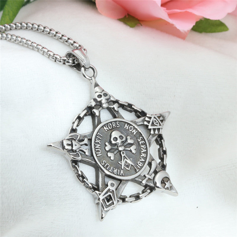 Trendy Men's Titanium Steel Skull and Pentagram Pendant Necklace