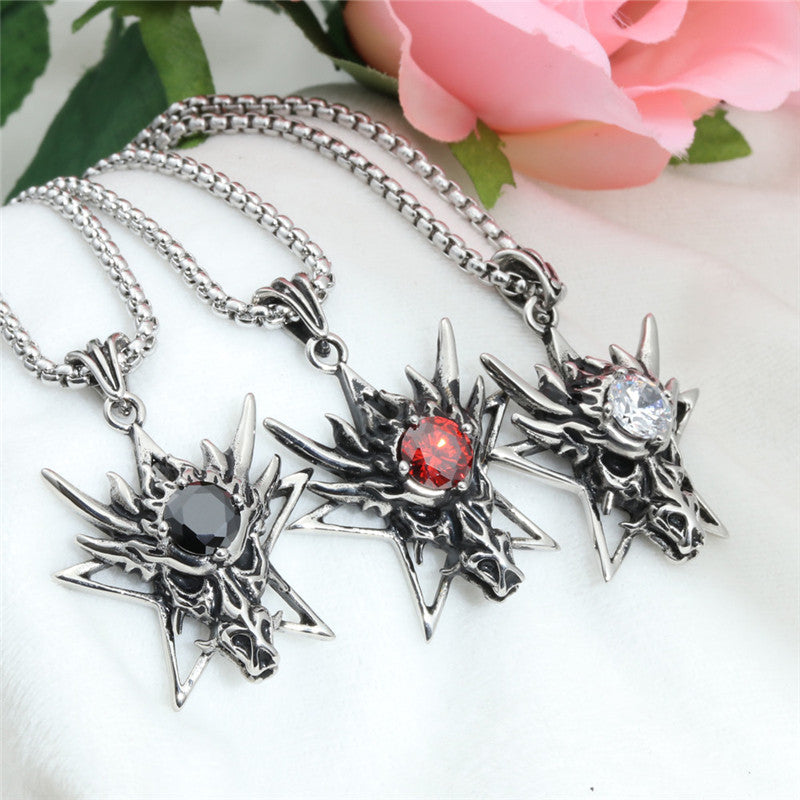 Titanium Steel Dragon Pendant Necklace with Multi-Color Zircon for Men - Stainless Steel Crystal Design