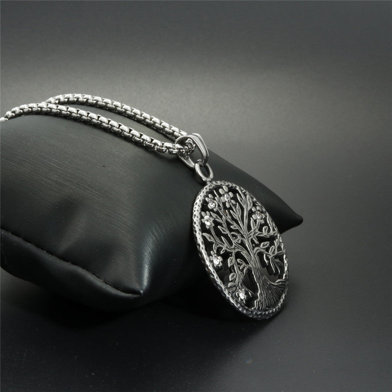 Titanium Steel Tree of Life Pendant Necklace - Trendy Gift for Men with Zircon Accent Ornament