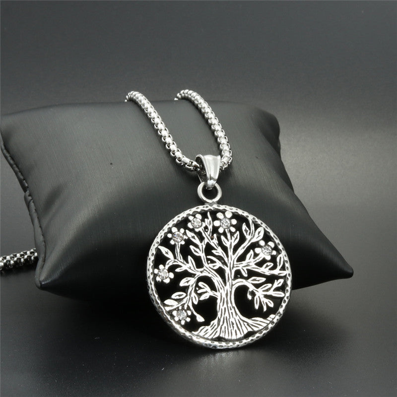 Titanium Steel Tree of Life Pendant Necklace - Trendy Gift for Men with Zircon Accent Ornament