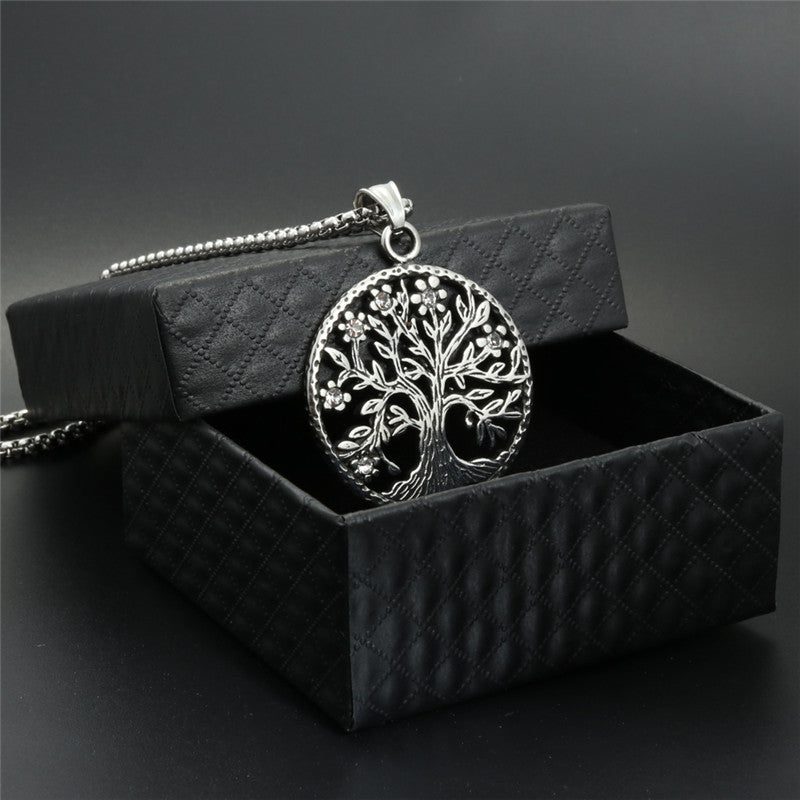 Titanium Steel Tree of Life Pendant Necklace - Trendy Gift for Men with Zircon Accent Ornament