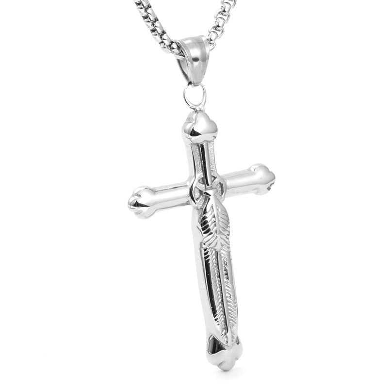 Trendy Titanium Steel Feather Cross Pendant Necklace for Men - Gift-Ready Stainless Steel Jewelry