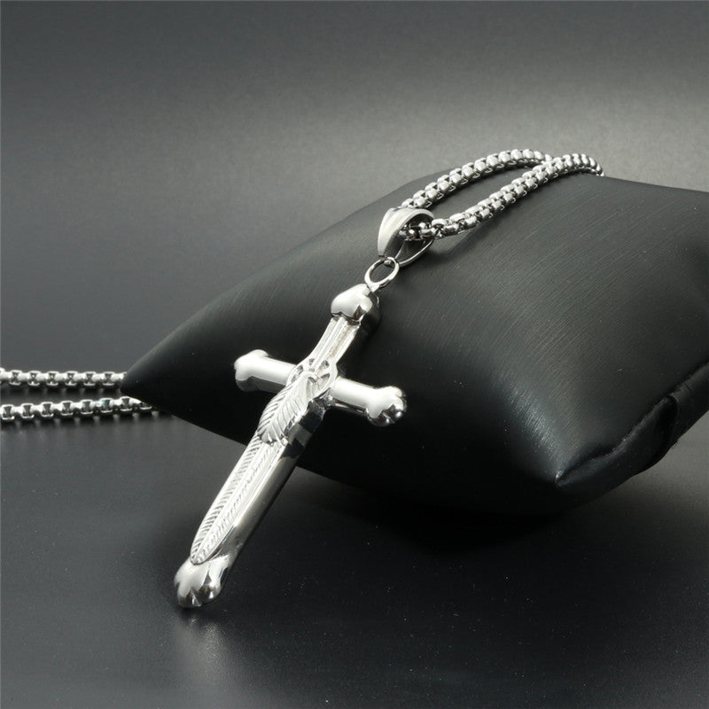 Trendy Titanium Steel Feather Cross Pendant Necklace for Men - Gift-Ready Stainless Steel Jewelry