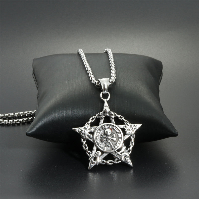 Titanium Steel Skull Pentagram Pendant Necklace - Trendy Gift for Men in Stainless Steel