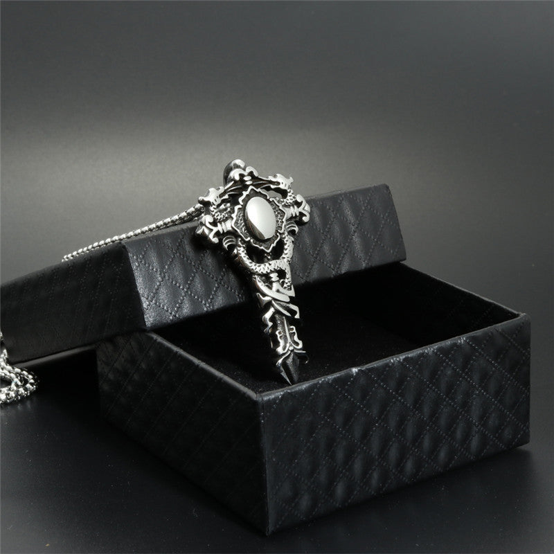 Trendy Retro Titanium Steel Dragon Sword Pendant Necklace with Flower Cross Design for Men