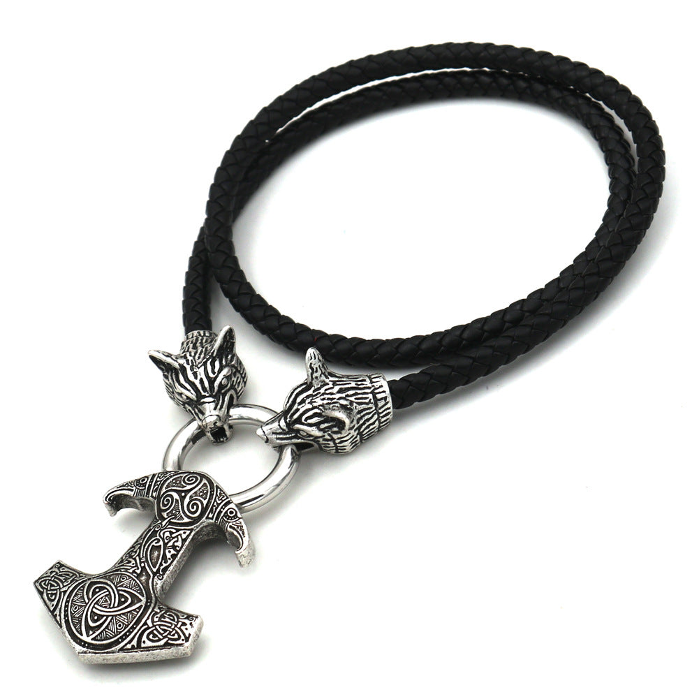 Viking Pirate Thor Hammer Wolf Head Pendant Necklace for Men