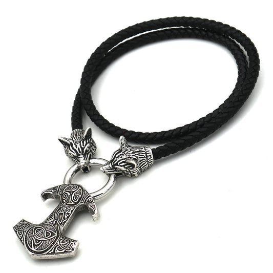 Viking Pirate Thor Hammer Wolf Head Pendant Necklace for Men