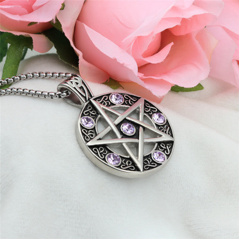 Planderful Everyday Genie Titanium Steel Pentagram Pendant with Violet Crystal Necklace