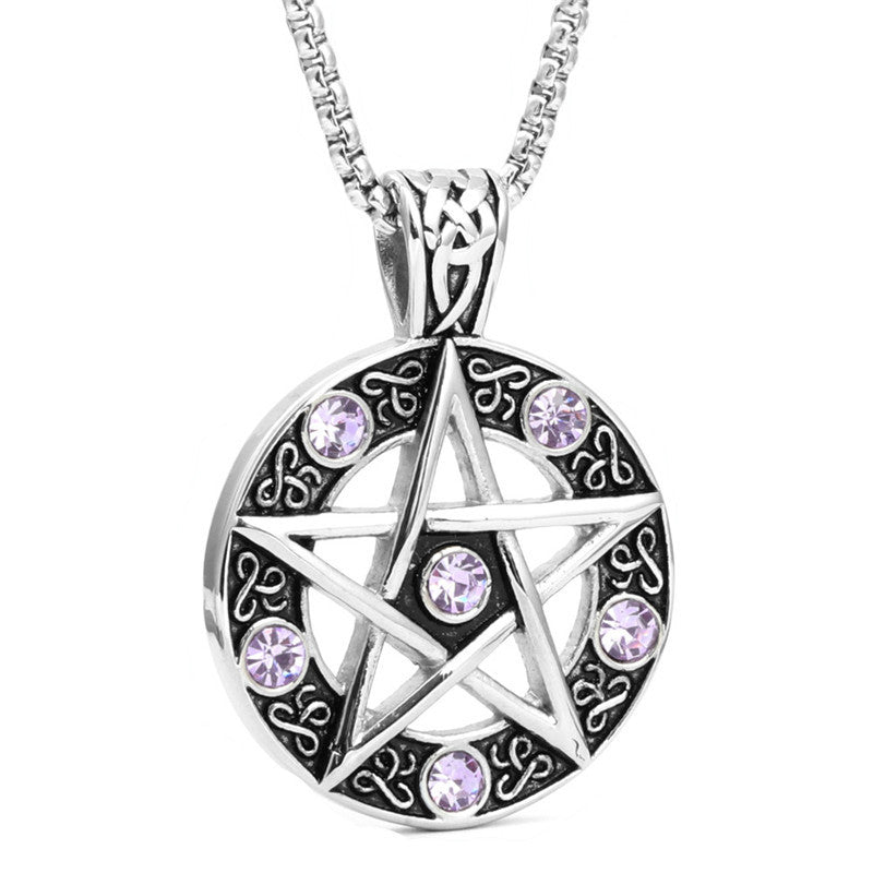 Planderful Everyday Genie Titanium Steel Pentagram Pendant with Violet Crystal Necklace