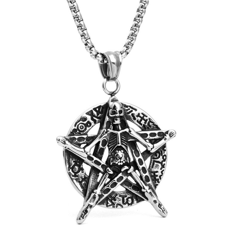 Trendy Men's Titanium Steel Five-Pointed Star and Skull Pendant Necklace