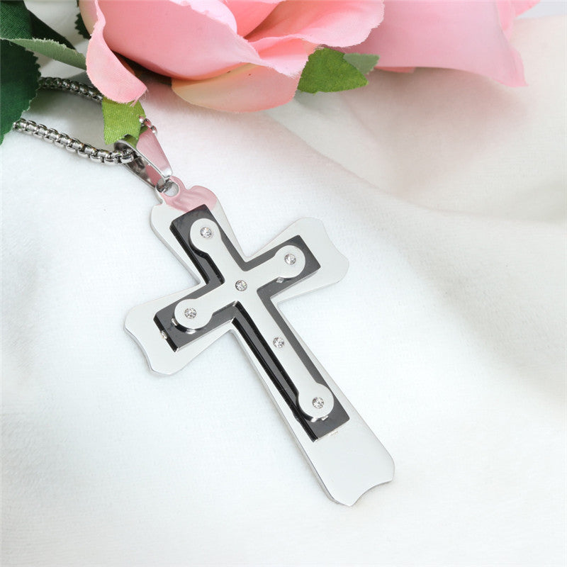 Trendy Men's Titanium Steel Cross Pendant Necklace with Zircon Accents