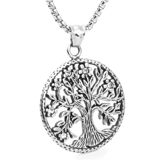 Titanium Steel Tree of Life Pendant Necklace - Trendy Gift for Men with Zircon Accent Ornament