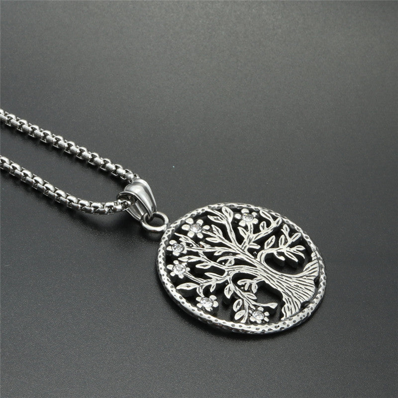 Titanium Steel Tree of Life Pendant Necklace - Trendy Gift for Men with Zircon Accent Ornament