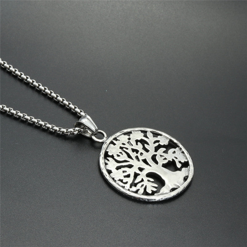 Titanium Steel Tree of Life Pendant Necklace - Trendy Gift for Men with Zircon Accent Ornament