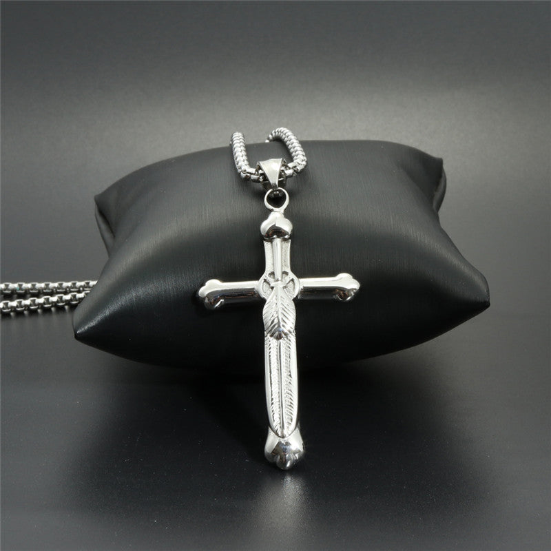 Trendy Titanium Steel Feather Cross Pendant Necklace for Men - Gift-Ready Stainless Steel Jewelry