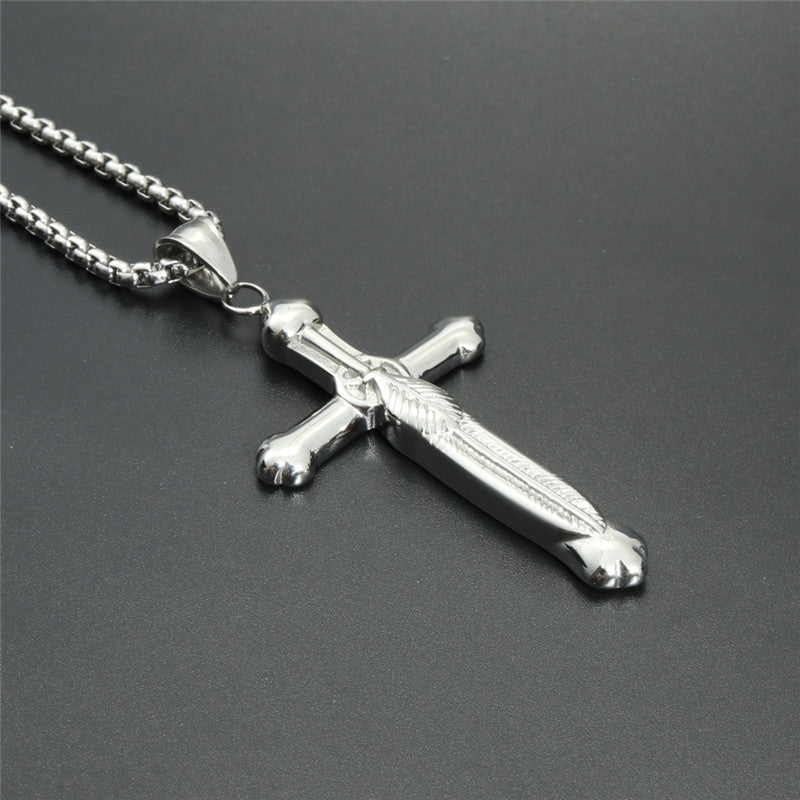 Trendy Titanium Steel Feather Cross Pendant Necklace for Men - Gift-Ready Stainless Steel Jewelry