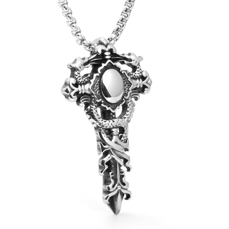 Trendy Retro Titanium Steel Dragon Sword Pendant Necklace with Flower Cross Design for Men