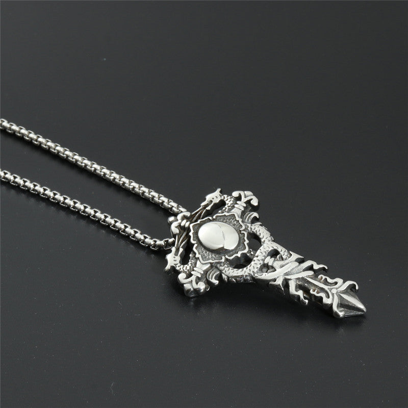 Trendy Retro Titanium Steel Dragon Sword Pendant Necklace with Flower Cross Design for Men