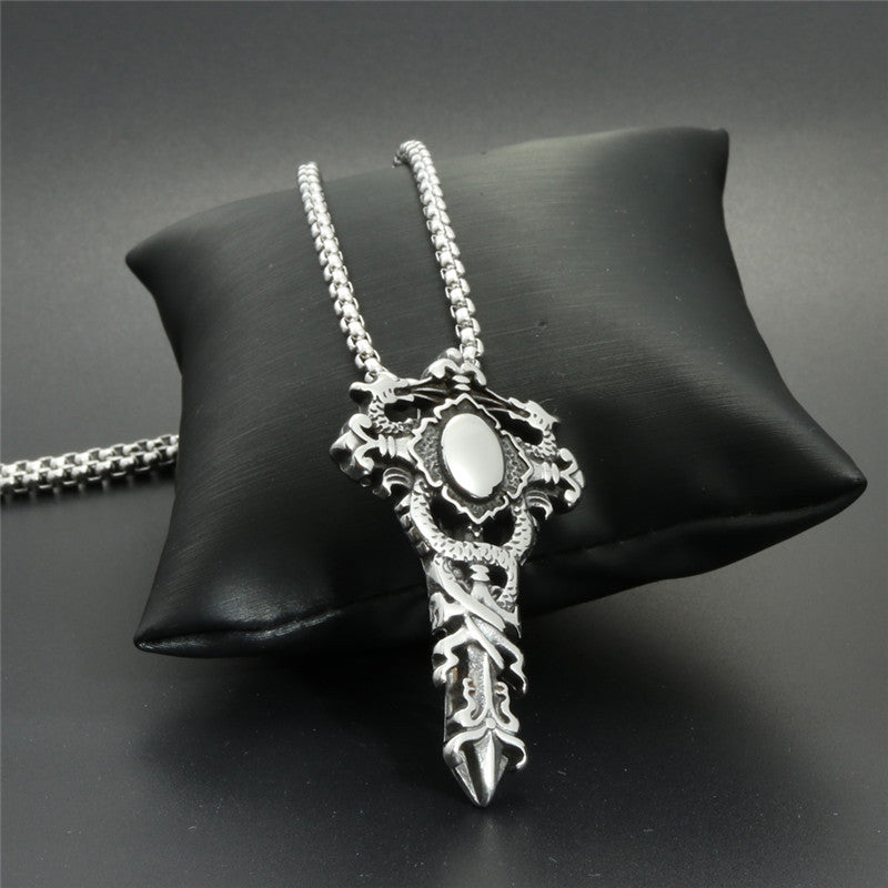 Trendy Retro Titanium Steel Dragon Sword Pendant Necklace with Flower Cross Design for Men