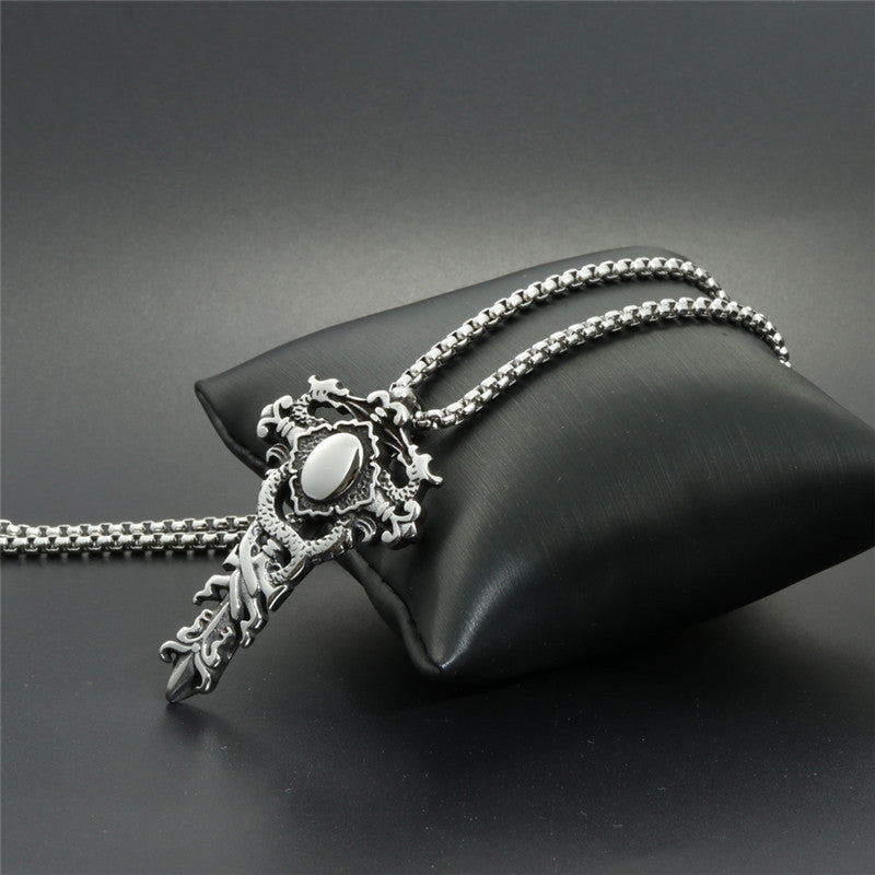 Trendy Retro Titanium Steel Dragon Sword Pendant Necklace with Flower Cross Design for Men
