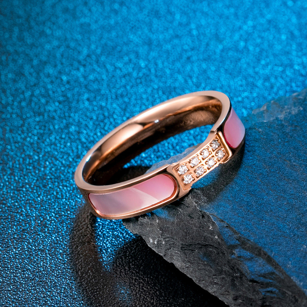 Korean Version of Temperament Muse Magazine Style Inlaid Pink Shell Women's Ring Rose Gold with Zircon Internet Celebrity Tail Ring