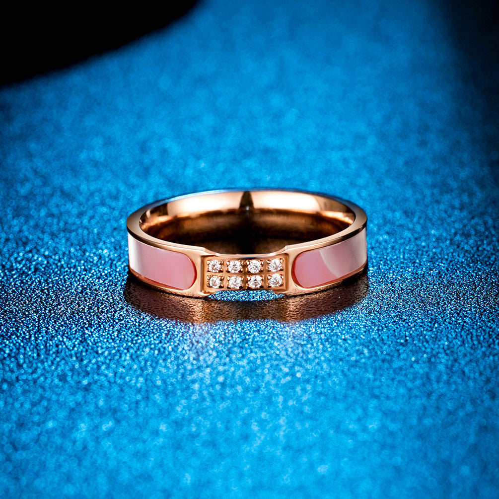 Korean Version of Temperament Muse Magazine Style Inlaid Pink Shell Women's Ring Rose Gold with Zircon Internet Celebrity Tail Ring