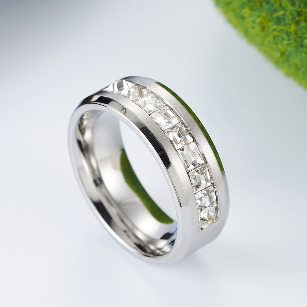 Stainless Steel 8mm Inner Arc Square Zircon Ring – Brushed Zircon Plated 18k
