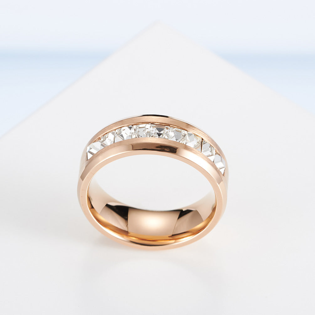 Stainless Steel 8mm Inner Arc Square Zircon Ring – Brushed Zircon Plated 18k