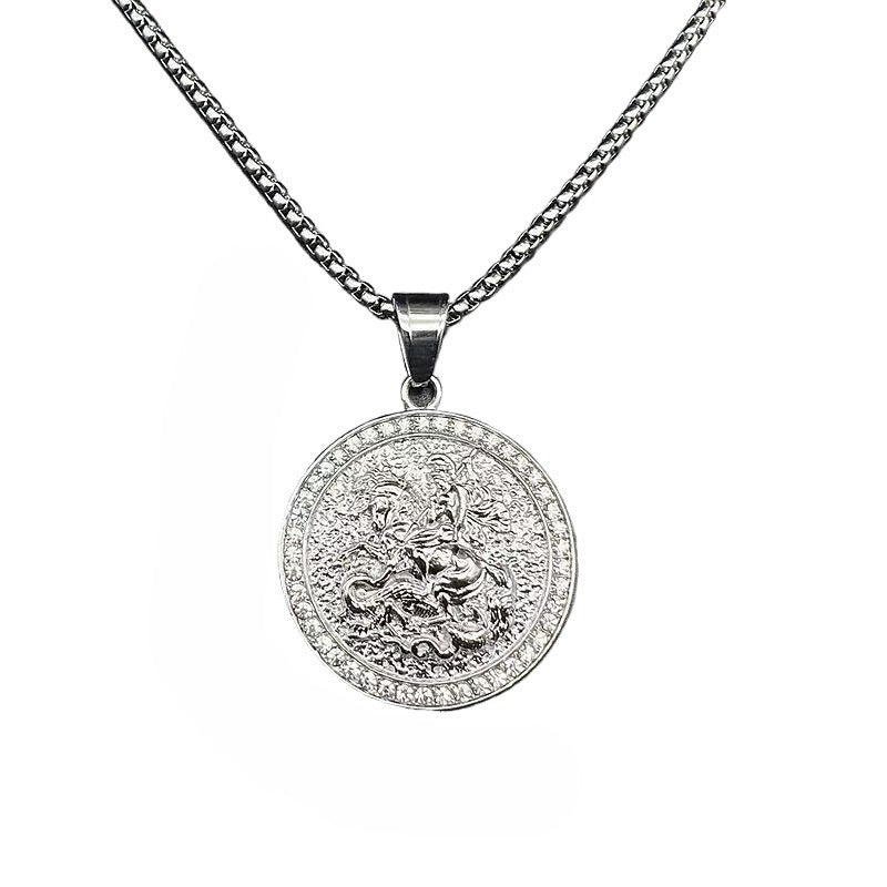 Planderful Everyday Genie Hip Hop Necklace For Men Titanium Steel Gold Plated Zircon St George Dragon Pendant