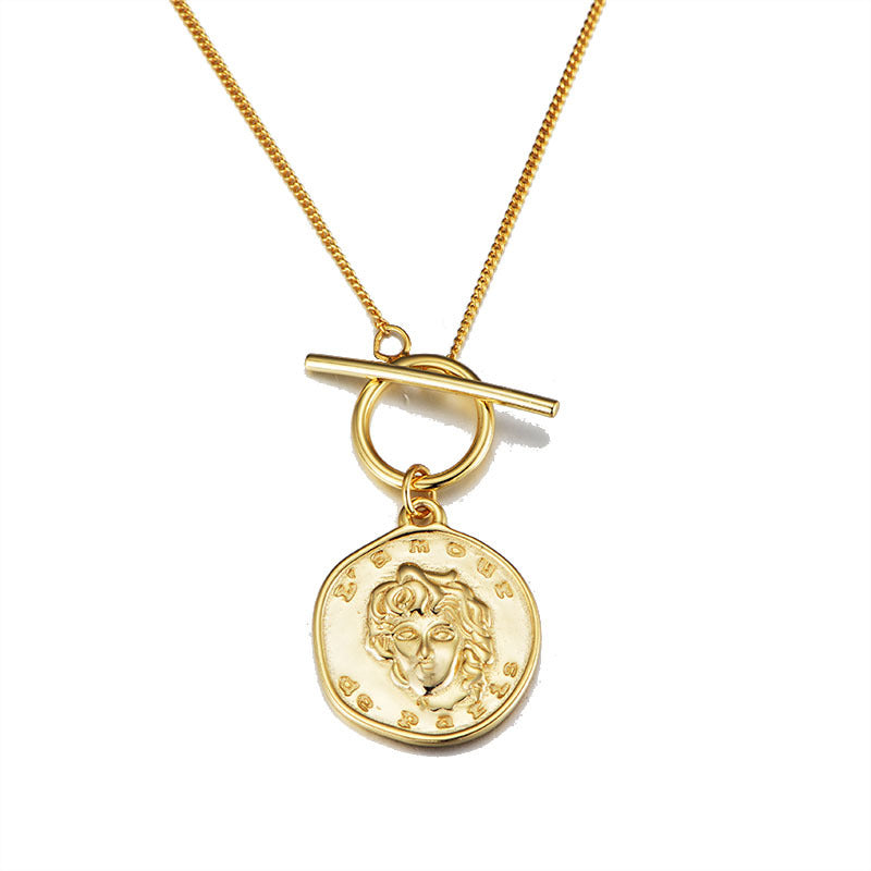 925 Sterling Silver Coin Portrait Necklace Retro Gold Relief Pendant