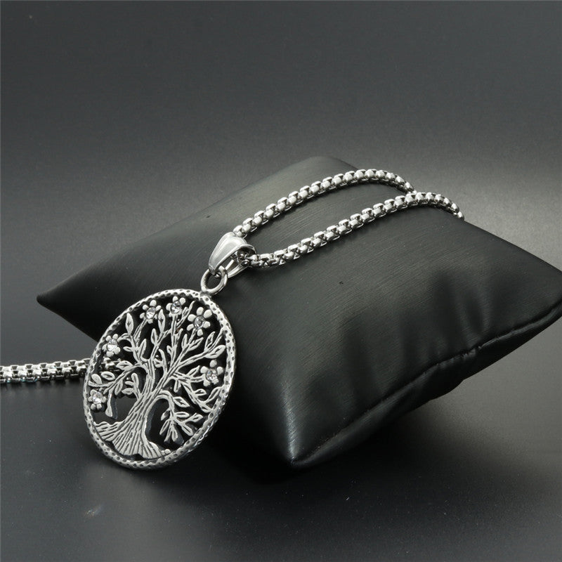 Titanium Steel Tree of Life Pendant Necklace - Trendy Gift for Men with Zircon Accent Ornament