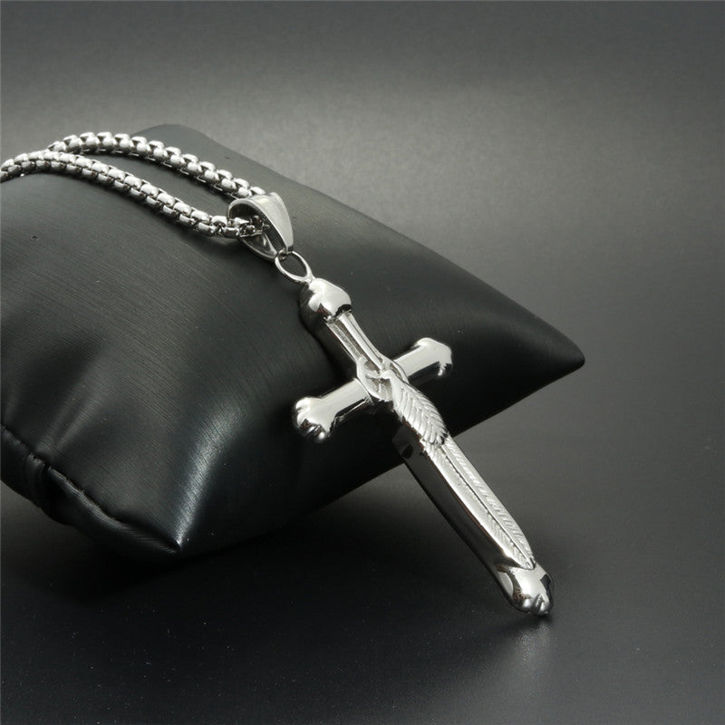 Trendy Titanium Steel Feather Cross Pendant Necklace for Men - Gift-Ready Stainless Steel Jewelry