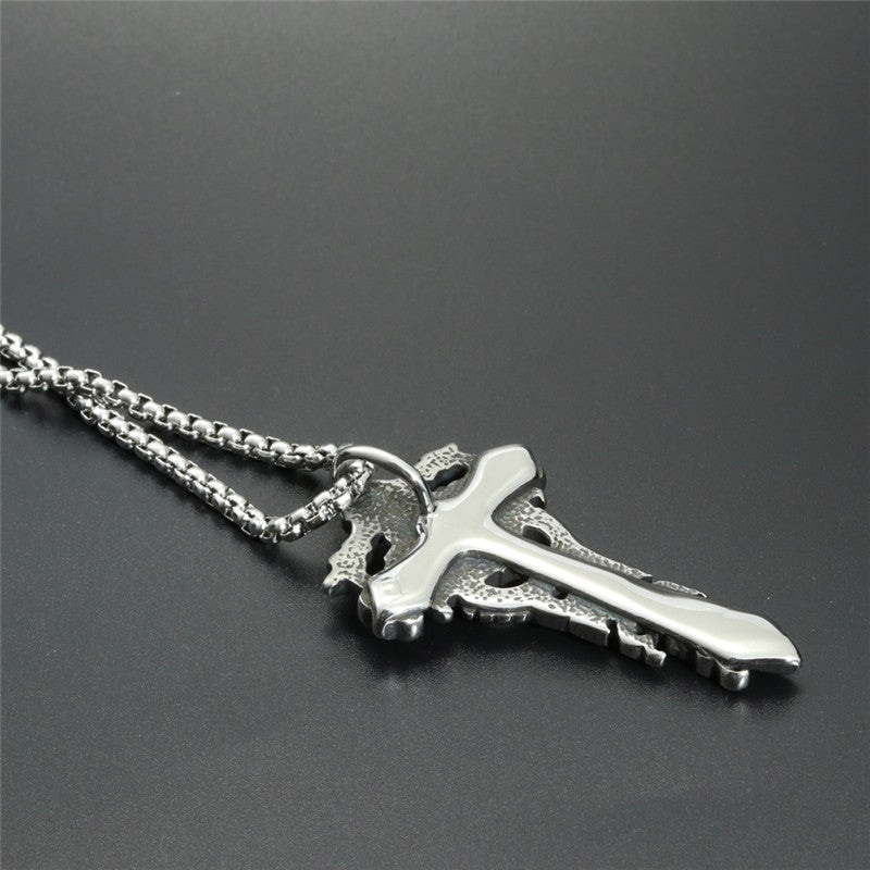 Trendy Retro Titanium Steel Dragon Sword Pendant Necklace with Flower Cross Design for Men