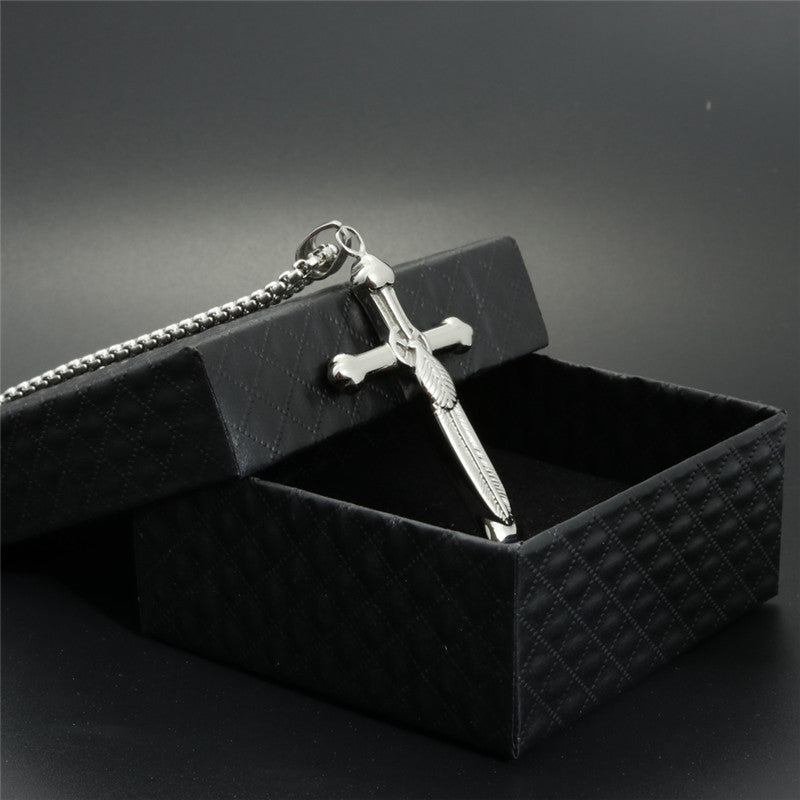 Trendy Titanium Steel Feather Cross Pendant Necklace for Men - Gift-Ready Stainless Steel Jewelry