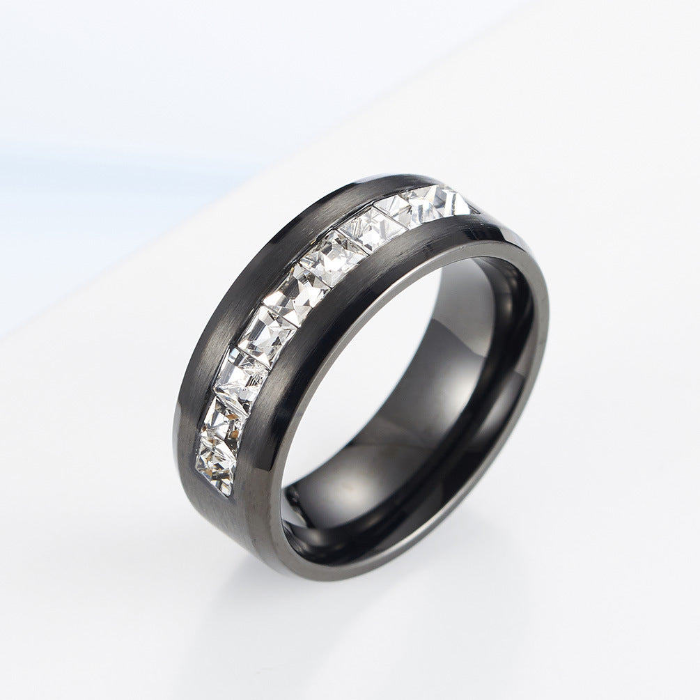 Stainless Steel 8mm Inner Arc Square Zircon Ring – Brushed Zircon Plated 18k