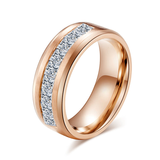 Stainless Steel 8mm Inner Arc Square Zircon Ring – Brushed Zircon Plated 18k