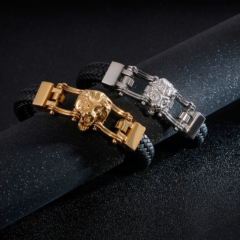 Men's Retro Lion Head Cowhide Bracelet - Unique European American Style Handcrafted Jewelry