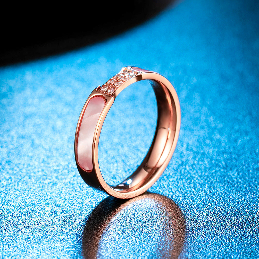 Korean Version of Temperament Muse Magazine Style Inlaid Pink Shell Women's Ring Rose Gold with Zircon Internet Celebrity Tail Ring