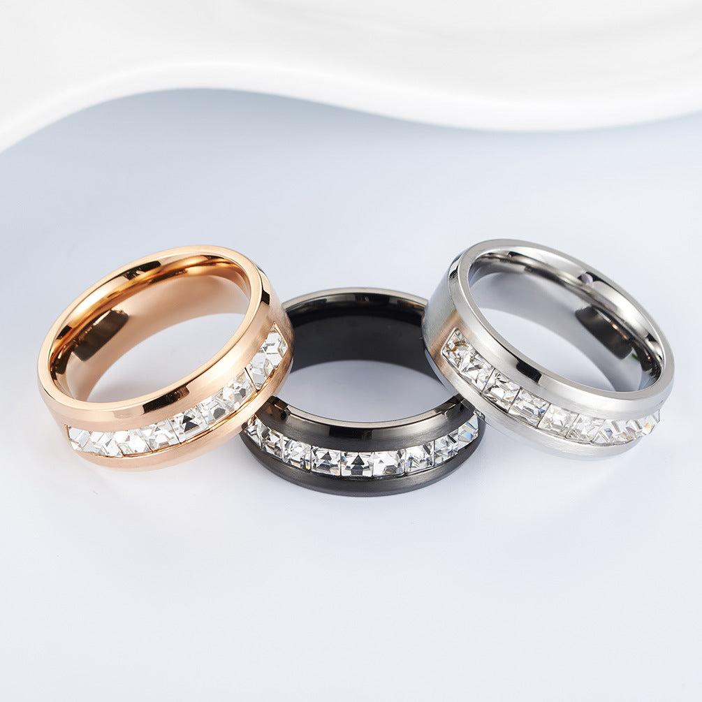 Stainless Steel 8mm Inner Arc Square Zircon Ring – Brushed Zircon Plated 18k