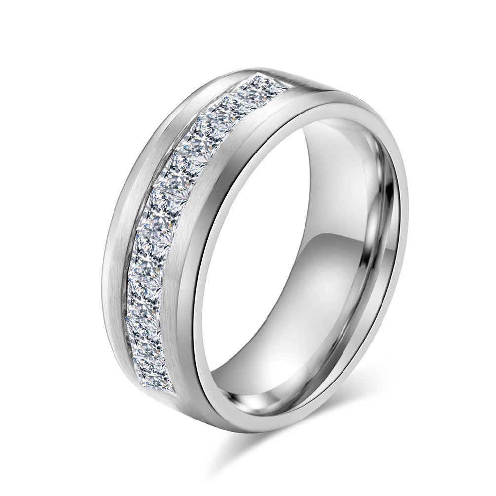 Stainless Steel 8mm Inner Arc Square Zircon Ring – Brushed Zircon Plated 18k