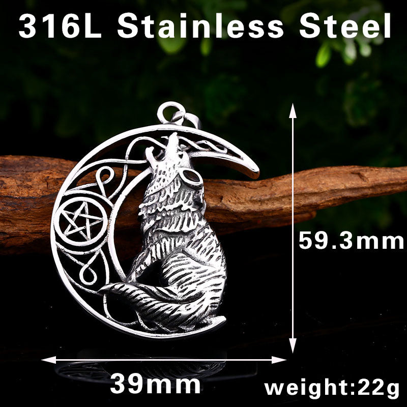 Men's Viking Moon Wolf Titanium Steel Pendant - Punk Jewelry for the Bold